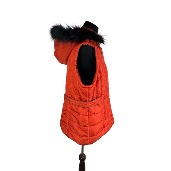 NEW Sporto Orange Rust XL Longline Quilted Jacket Vest Faux Fur Trimmed Hood - Picture 5 of 14